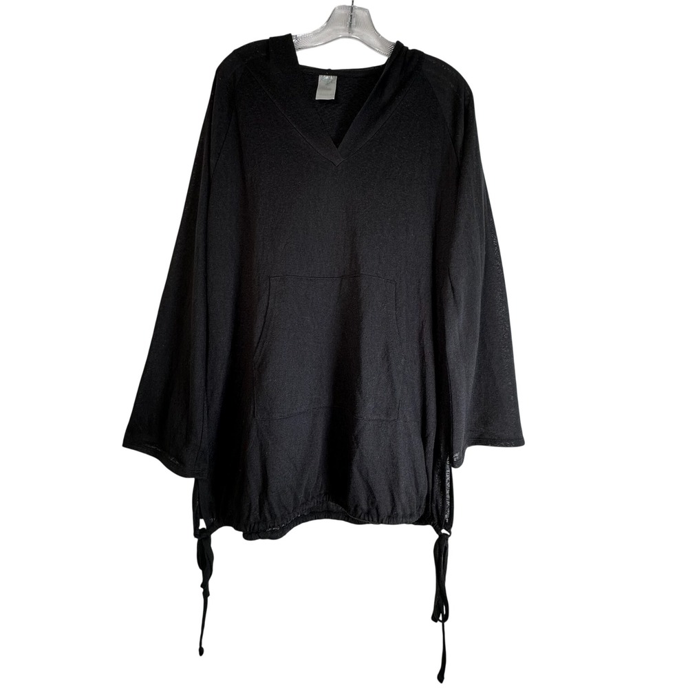 Kona Sol Black Hooded Swim Cover-Up V-Neck Kangaroo Pocket Side Ties Large